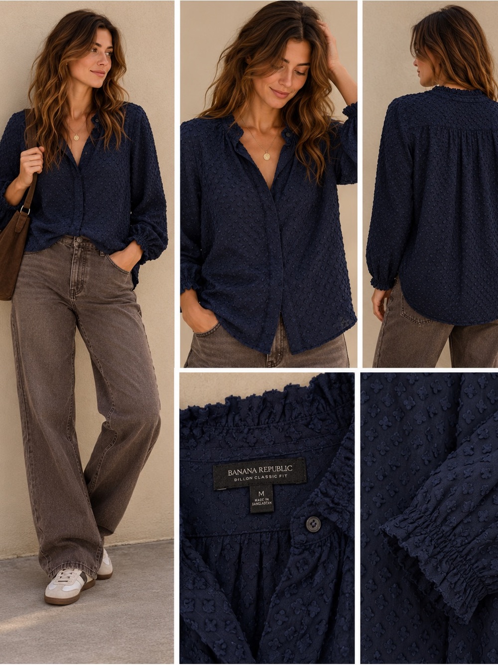 Banana Republic Textured Polka Dot Dillon Button Up Shirt Navy Blue Medium